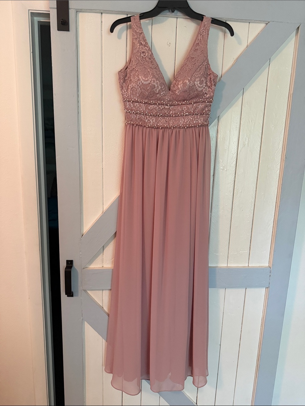V-Neck Lace Bodice Chiffon Maxi Dress in Dusty Rose